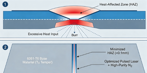 Schematic cross-section diagram comparing laser cutting edge quality. Shows a thick, uneven HAZ and burrs with poor cut vs. an ultra-narrow HAZ and clean, perpendicular edge achieved with optimized parameters and nitrogen assist gas.